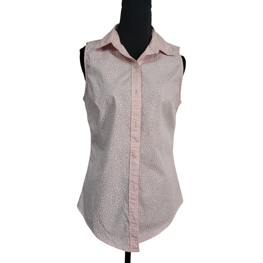 Banana Republic Summer Sleeveles Shirt Pink White Polka Dot Collared Top Small 6